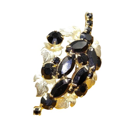 Juliana Style Jet Black Crystal Brooch, Grapes Cluster with Silver Tone Leaves - Picture 1 of 4